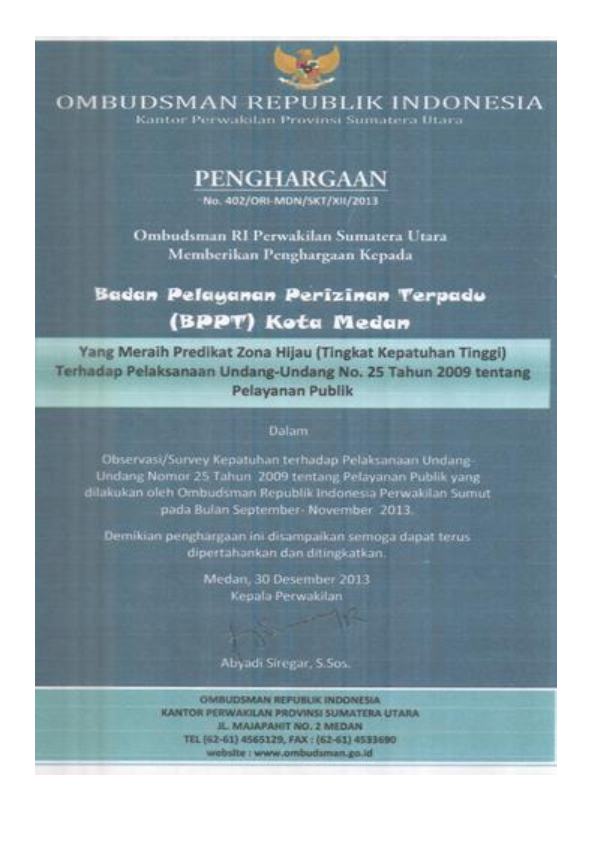 Thumbnail Penghargaan DPMPTSP Medan